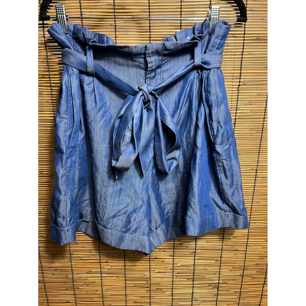 On 34th Blue Chambray Paperbag Waist Tie Front Shorts Large L High Rise Cuffed